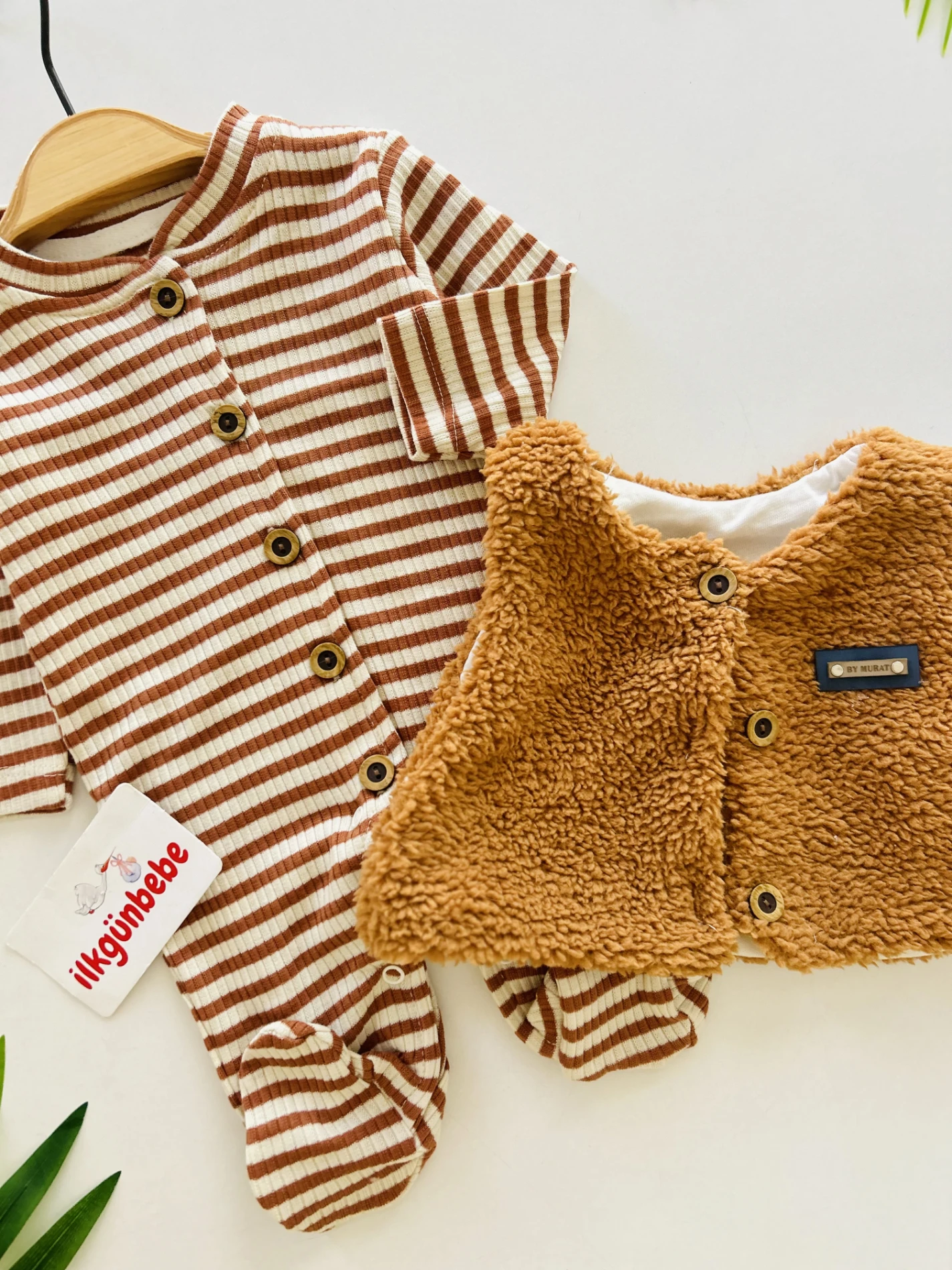 Peluş Yelekli Çizgili %100 Pamuk 2’li Tulum Set