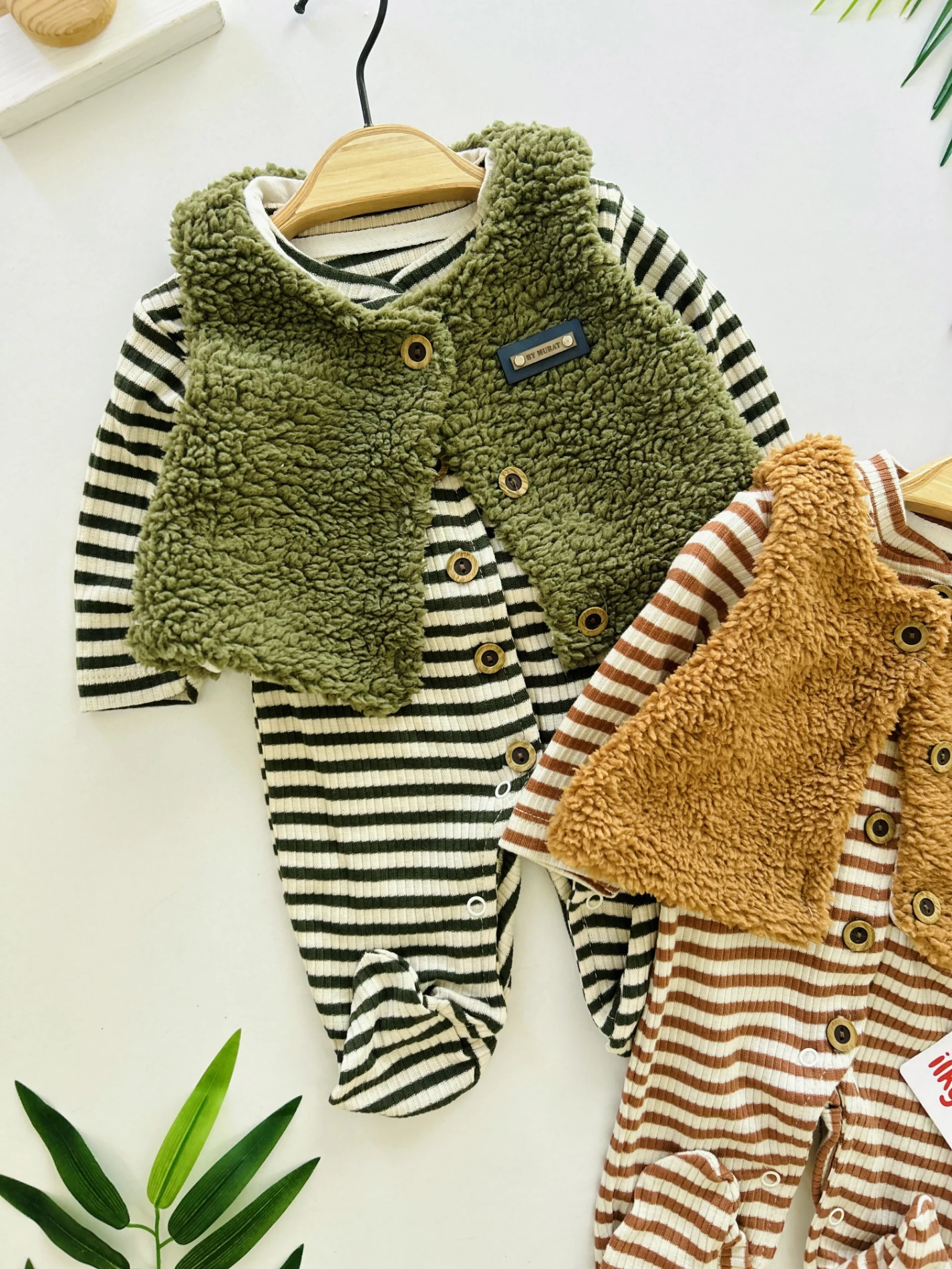 Peluş Yelekli Çizgili %100 Pamuk 2’li Tulum Set