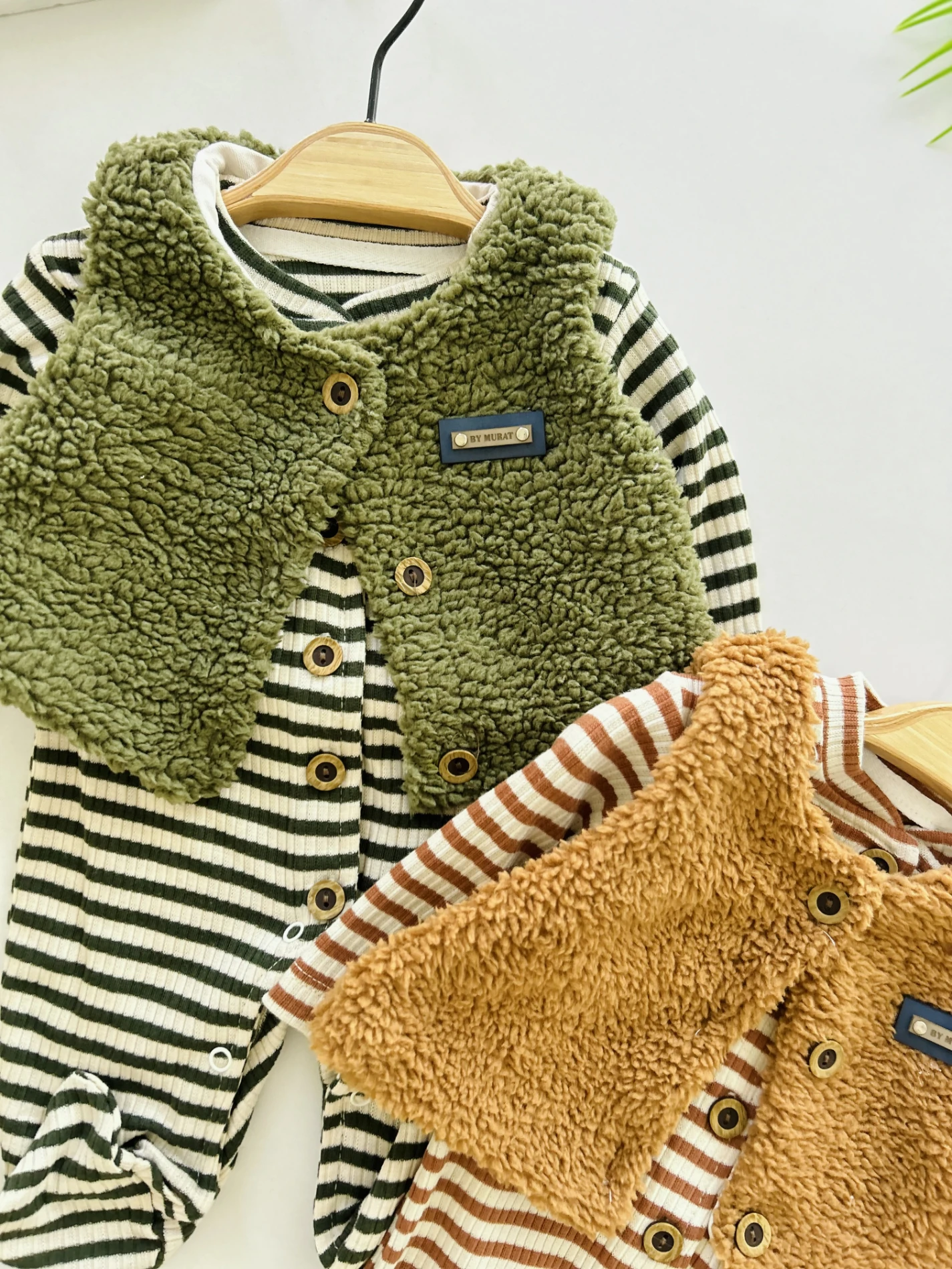 Peluş Yelekli Çizgili %100 Pamuk 2’li Tulum Set