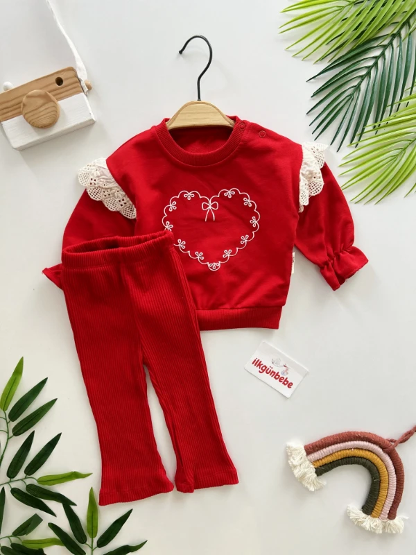 Kalp Desenli %100 Pamuk İspanyol Paça 2’li Takım