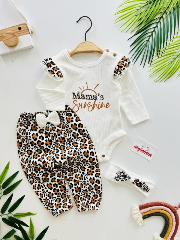 Leopar  Desenli %100 Pamuk Bandanalı  Paça 3’lü Takım