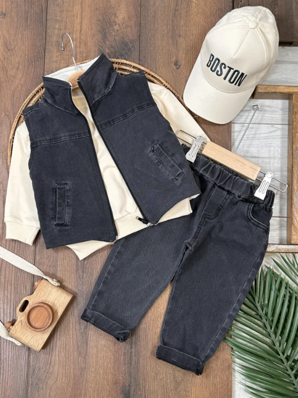 Boston Yelekli Şapkalı Oversize Sweatshirt Likralı Kot   Takım