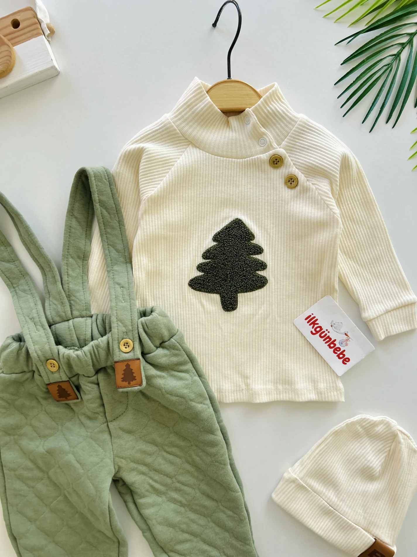 Ribanalı Esnek Kumaş Bodyli Kapitone Kumaş Salopetli Bereli 3’lü Takım