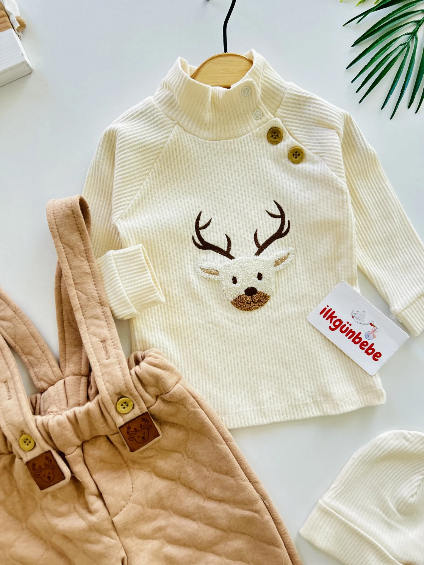 Ribanalı Esnek Kumaş Bodyli Kapitone Kumaş Salopetli Bereli 3’lü Takım