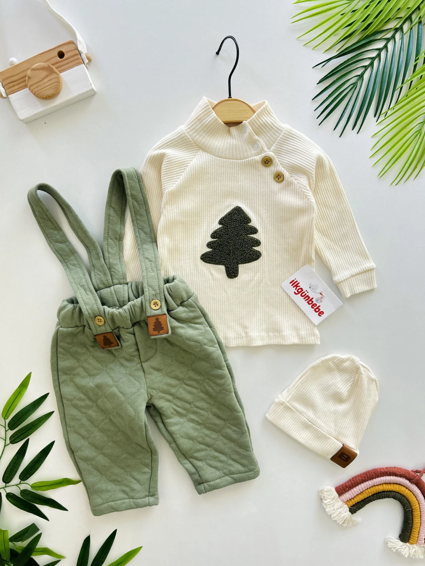 Ribanalı Esnek Kumaş Bodyli Kapitone Kumaş Salopetli Bereli 3’lü Takım