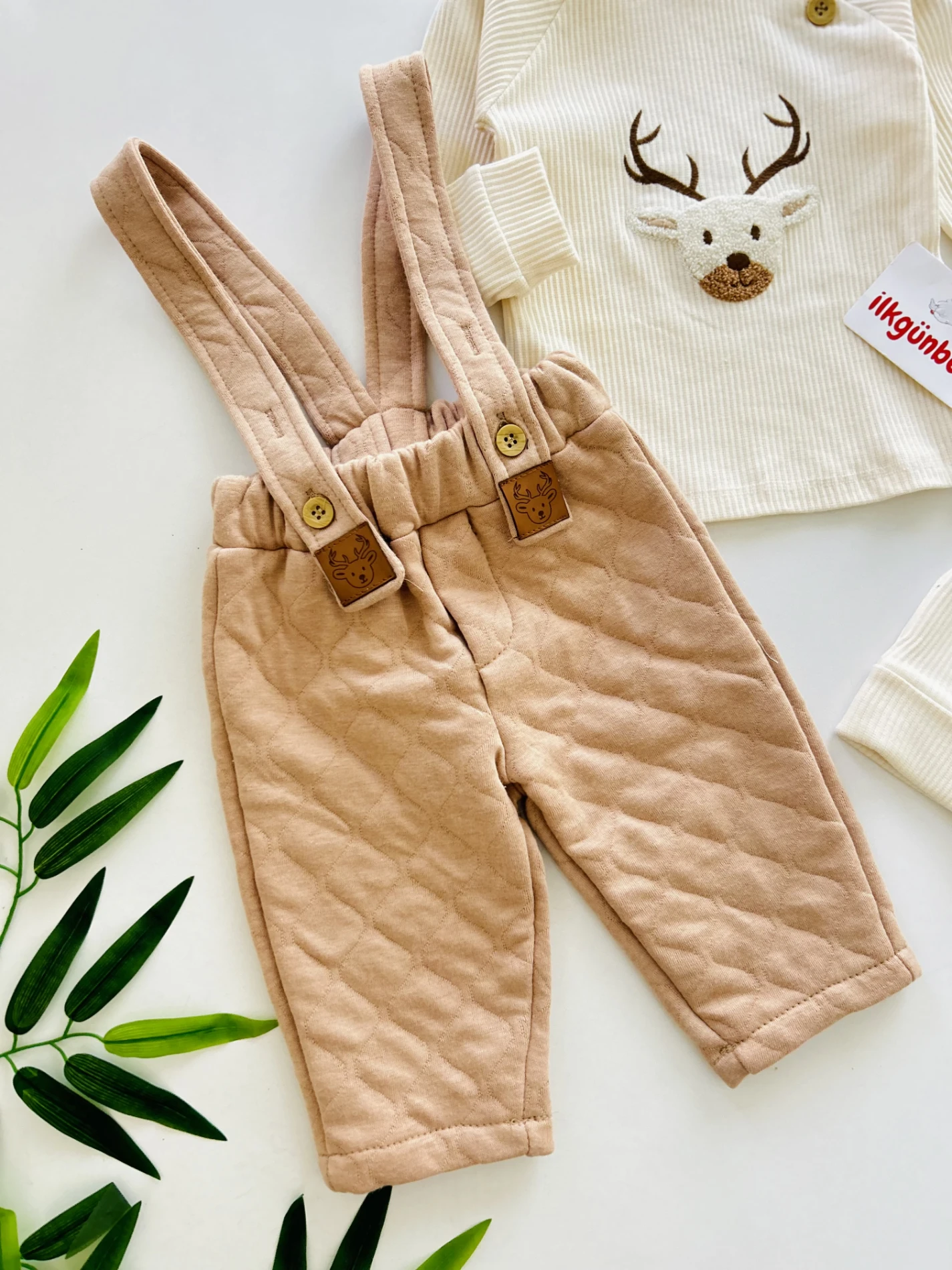 Ribanalı Esnek Kumaş Bodyli Kapitone Kumaş Salopetli Bereli 3’lü Takım