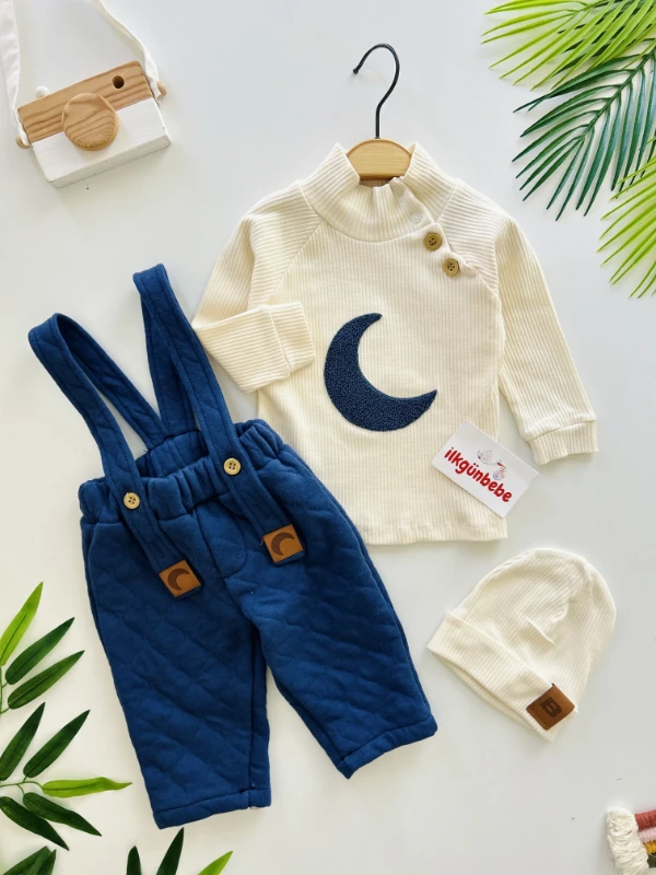 Ribanalı Esnek Kumaş Bodyli Kapitone Kumaş Salopetli Bereli 3’lü Takım