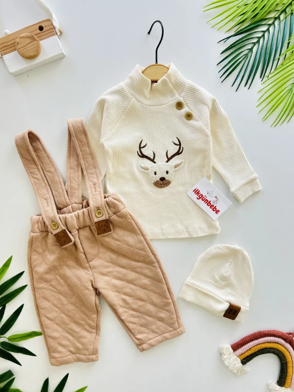 Ribanalı Esnek Kumaş Bodyli Kapitone Kumaş Salopetli Bereli 3’lü Takım