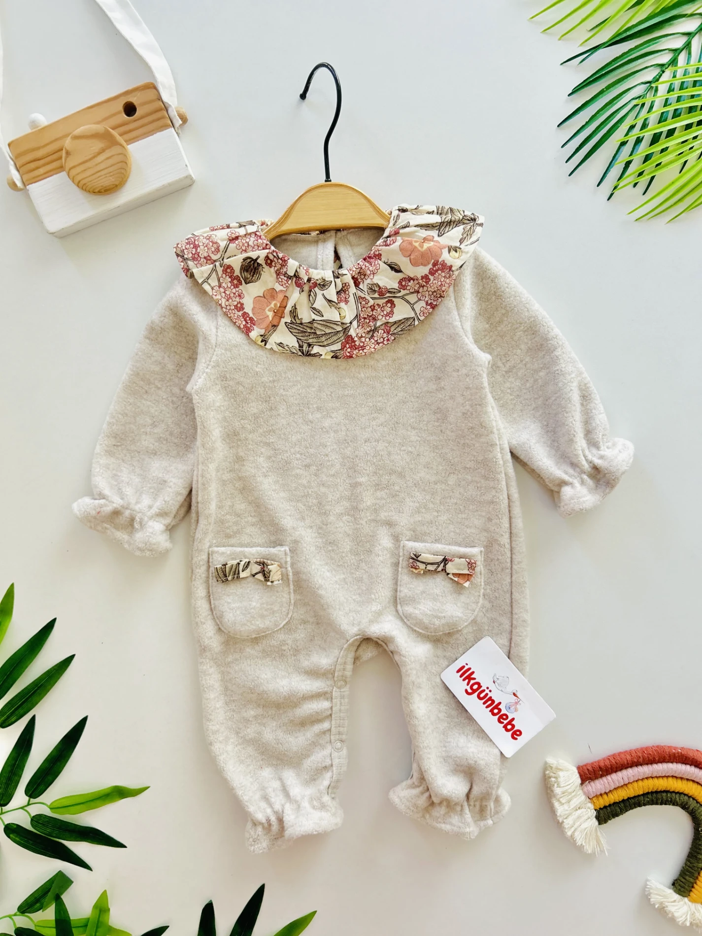 Çiçek Nakışlı Yakalı %100 Pamuk Tulum