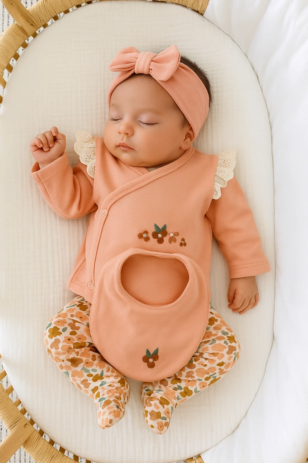 Çiçek Desenli 5 Parça %100 Pamuk Yenidoğan Seti 