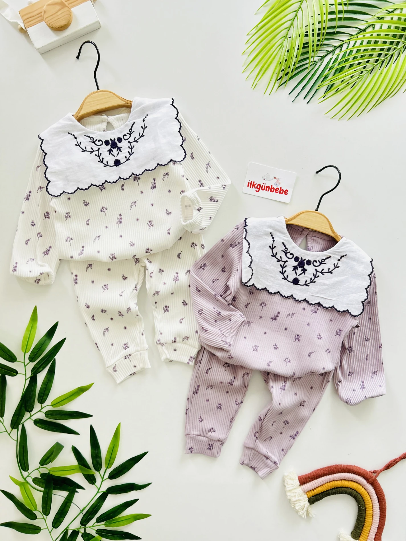 Yaka Detaylı Çiçek Desenli Kaşkorse Fitilli Esnek Kumaş 2’li Takım