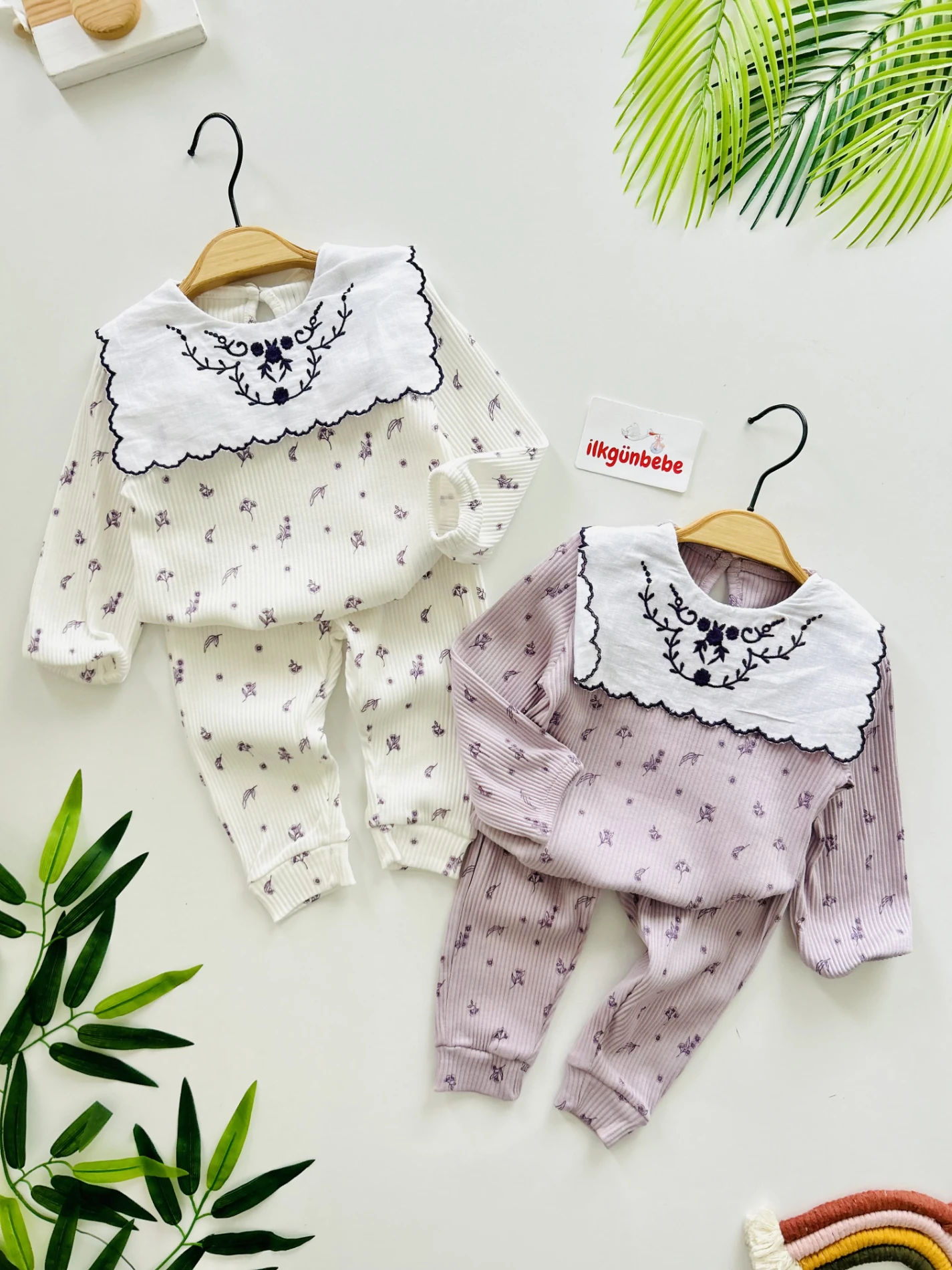 Yaka Detaylı Çiçek Desenli Kaşkorse Fitilli Esnek Kumaş 2’li Takım