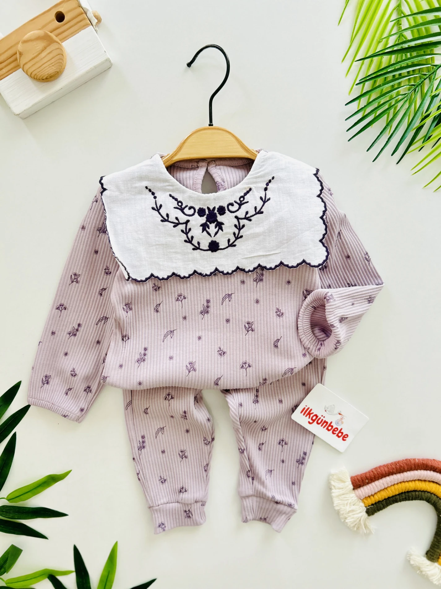 Yaka Detaylı Çiçek Desenli Kaşkorse Fitilli Esnek Kumaş 2’li Takım