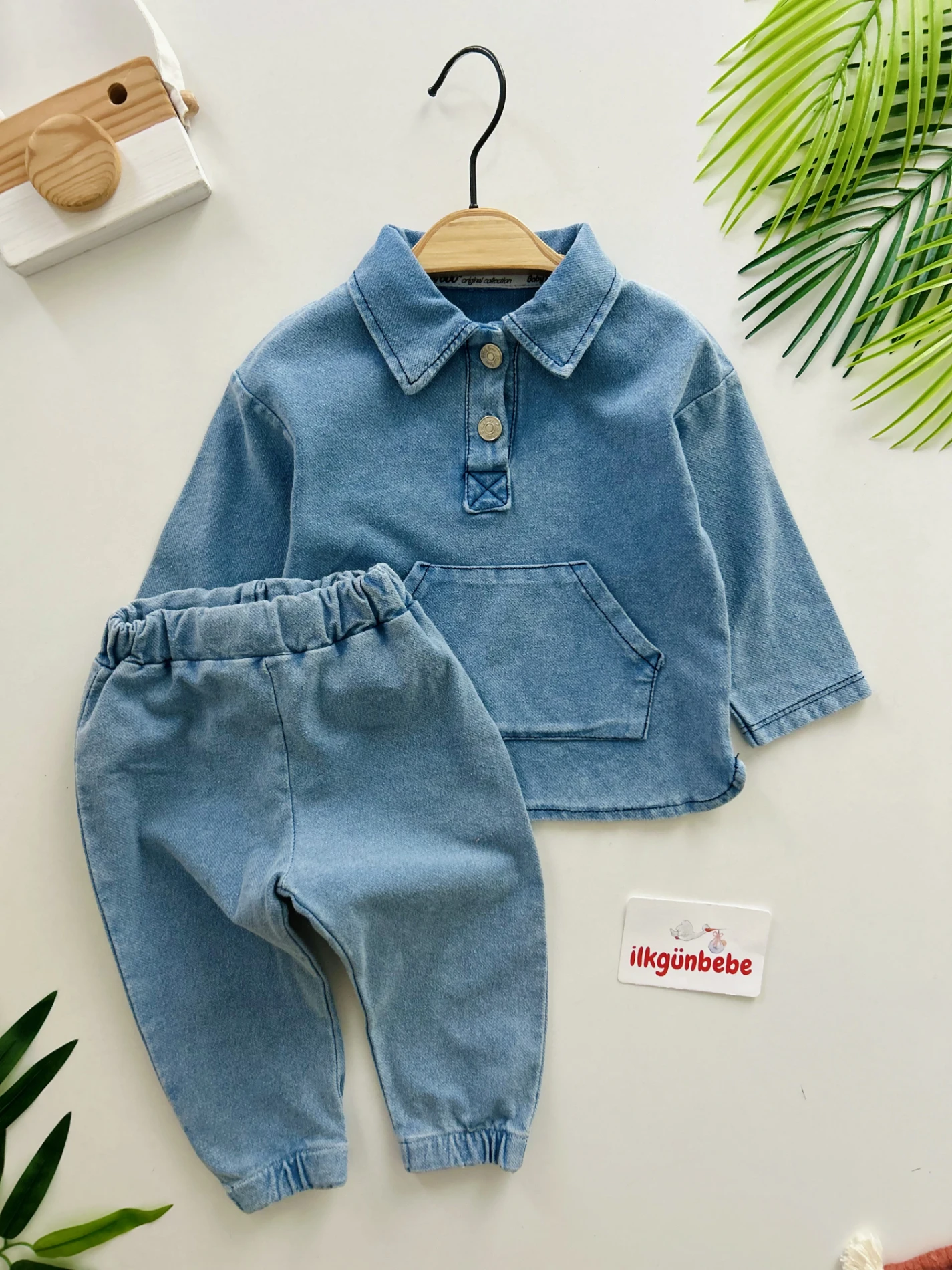 Polo Yaka Likralı Örme Esnek Kot 2’li Takım