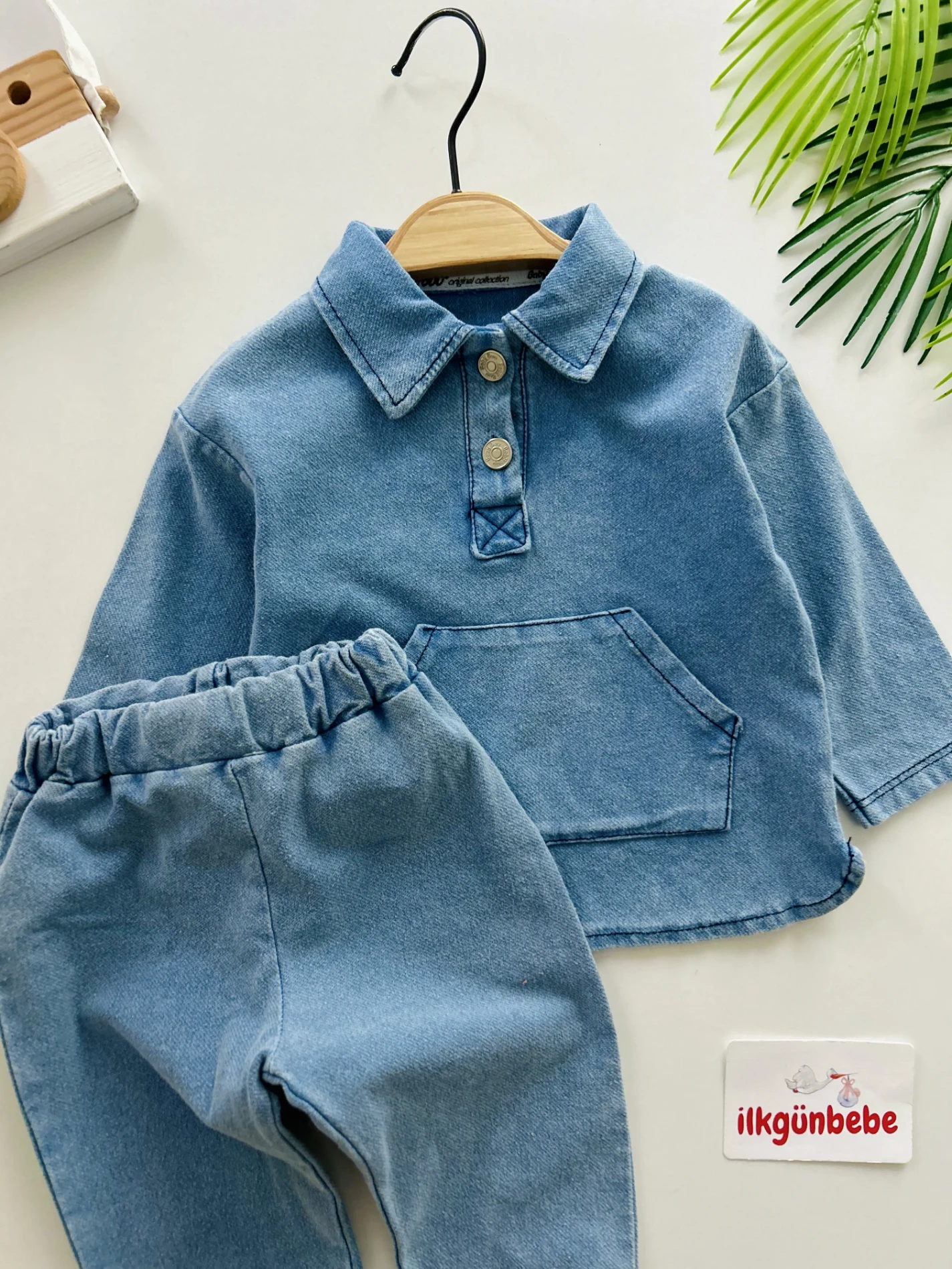 Polo Yaka Likralı Örme Esnek Kot 2’li Takım