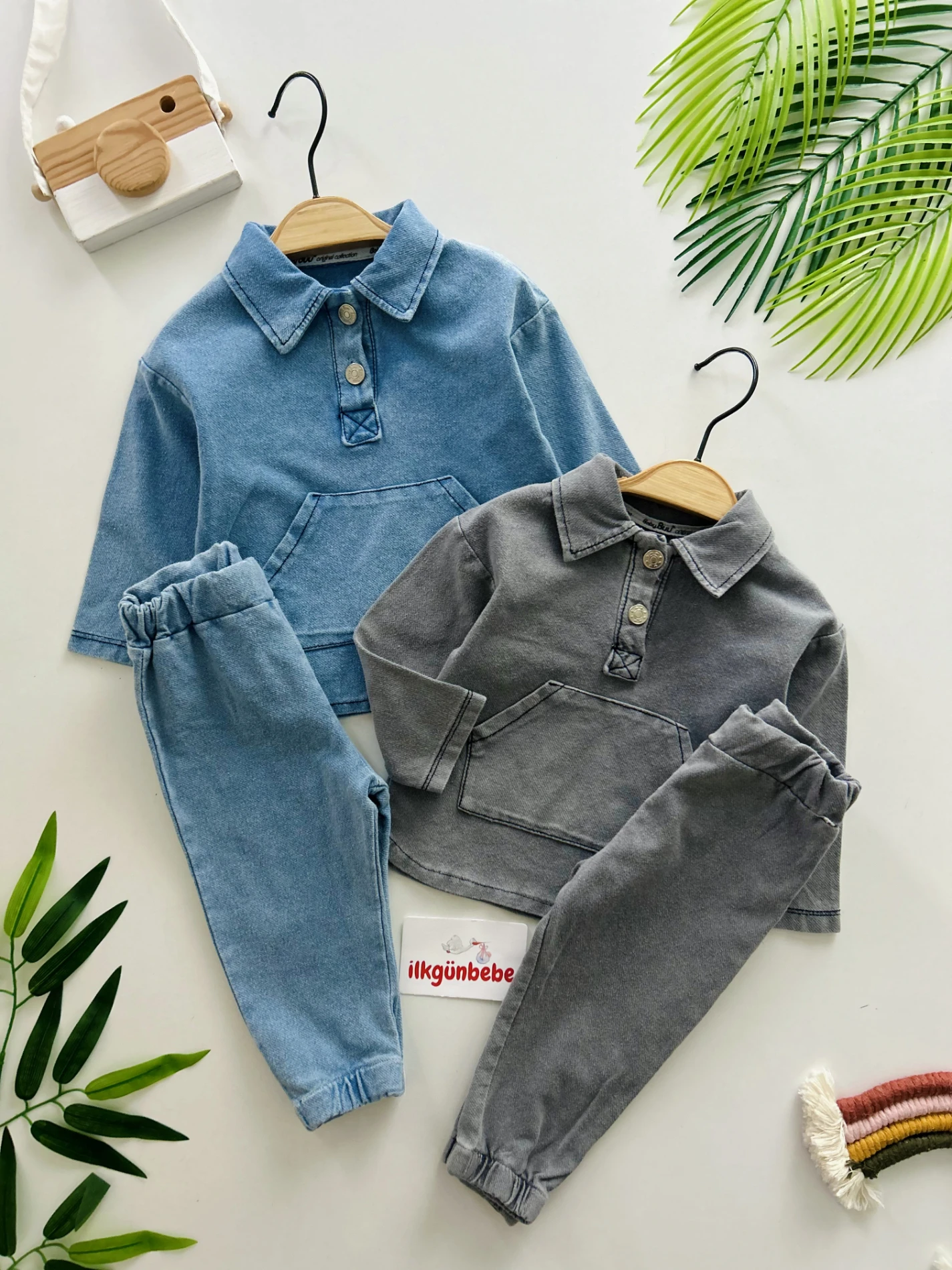 Polo Yaka Likralı Örme Esnek Kot 2’li Takım