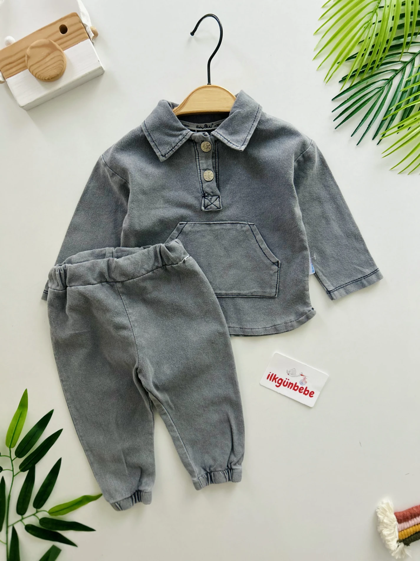 Polo Yaka Likralı Örme Esnek Kot 2’li Takım