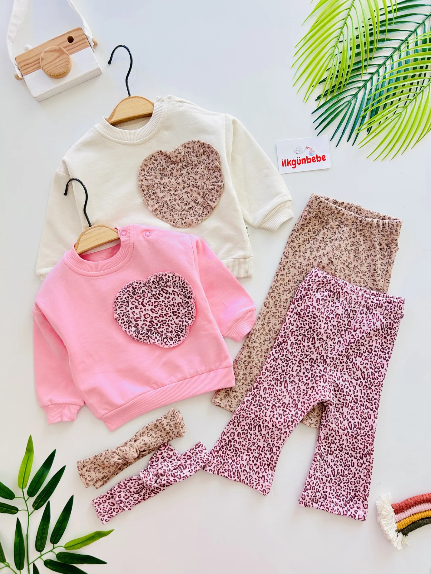 Leopar Kalp Nakışlı %100 Pamuk İspanyol Paça Bandanalı 3’lü Takım