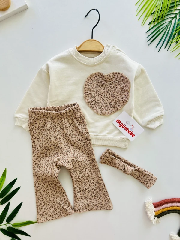 Leopar Kalp Nakışlı %100 Pamuk İspanyol Paça Bandanalı 3’lü Takım