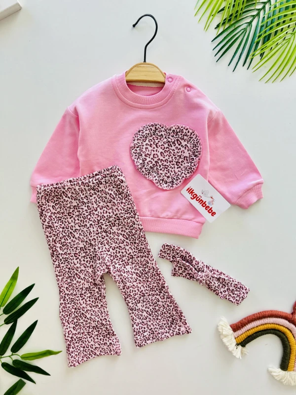 Leopar Kalp Nakışlı %100 Pamuk İspanyol Paça Bandanalı 3’lü Takım