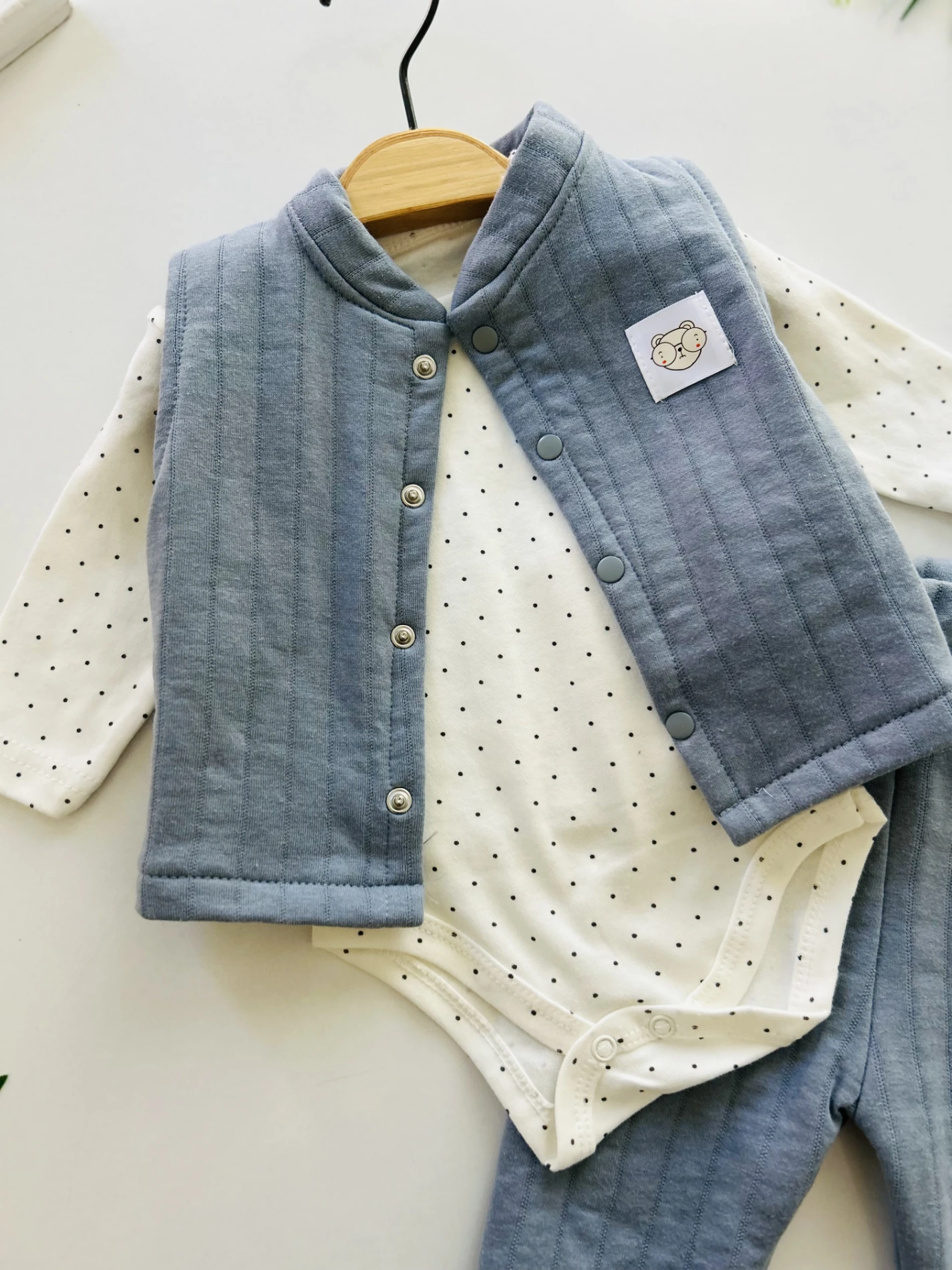 Puantiyeli Bodyli Yelekli %100 Pamuk 3’lü Takım