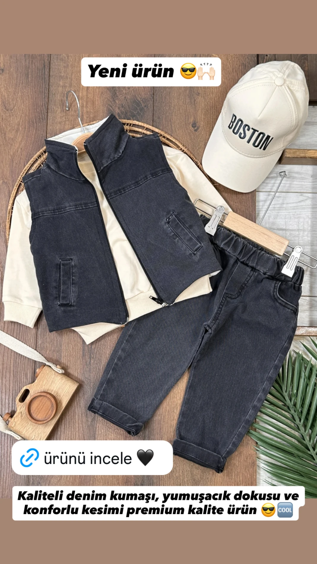 Boston Yelekli Şapkalı Oversize Sweatshirt Likralı Kot   Takım