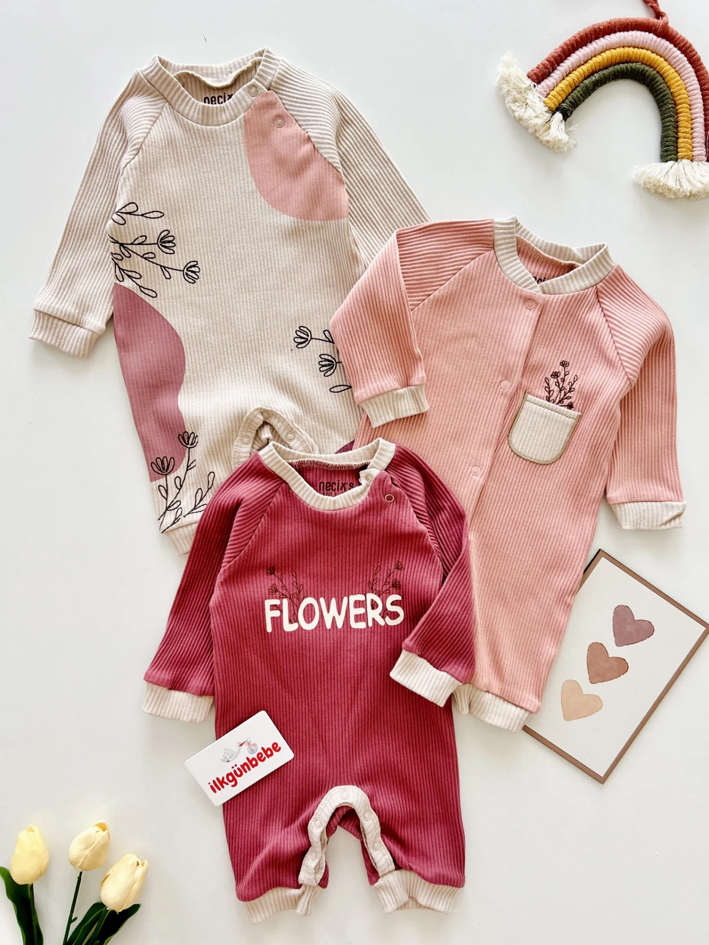 Flowers Favorite %100 Pamuk Boydan Çıtçıtlı Mevsimlik 3’lü Premium Kaliteli Set