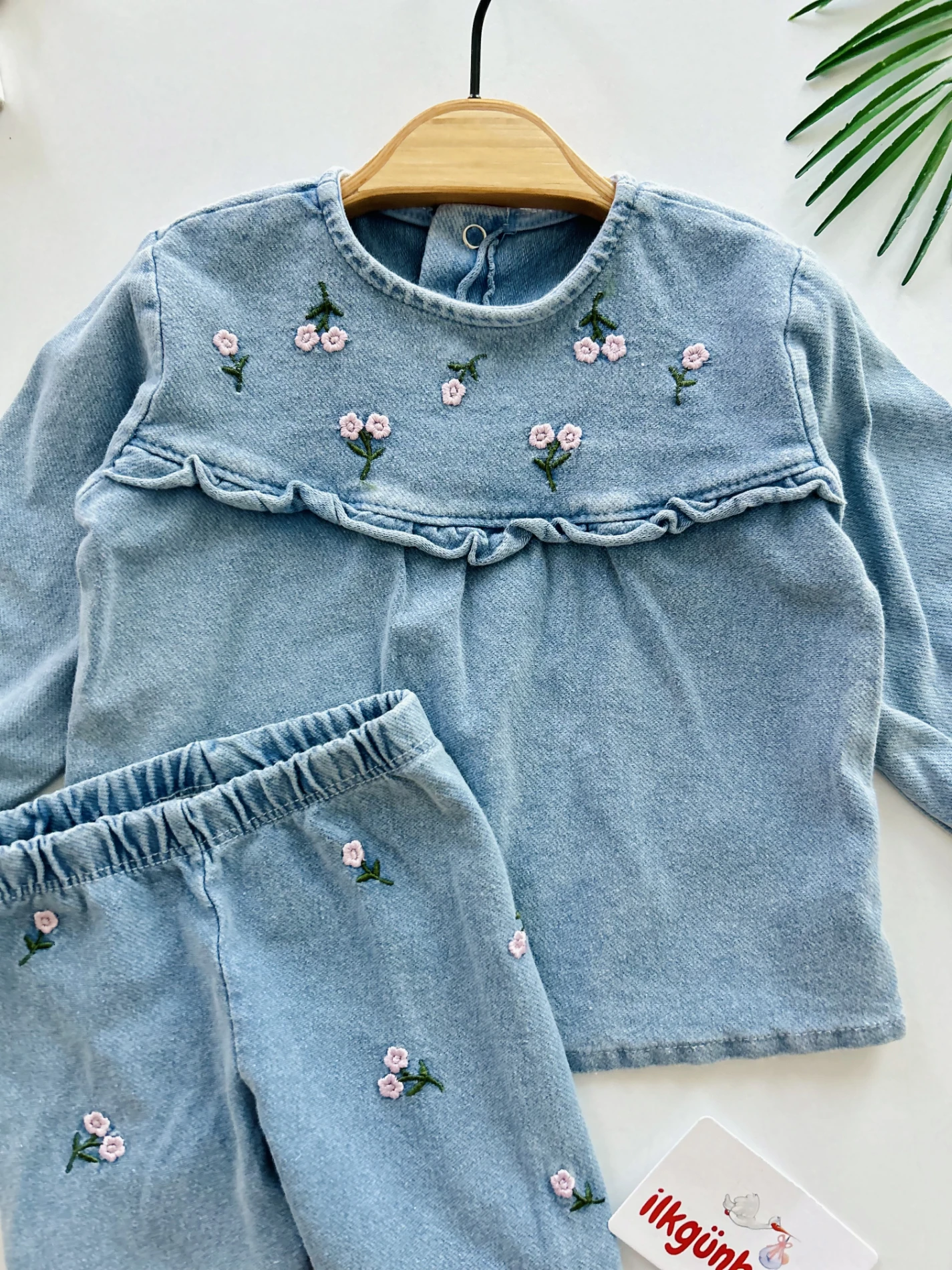 Çiçek Nakışlı Likralı Esnek Kot 2’li Takım