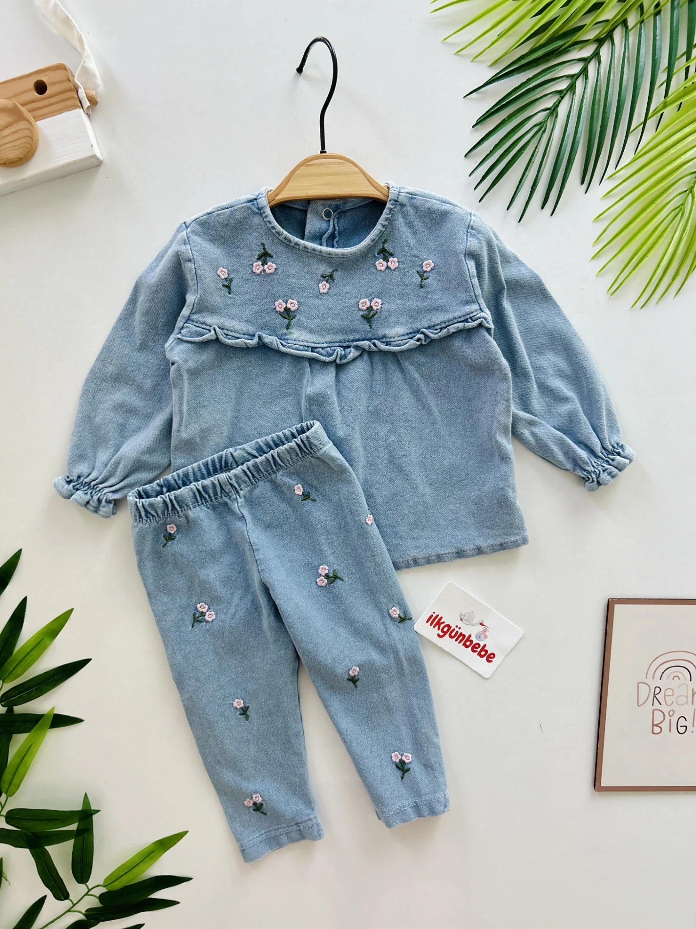 Çiçek Nakışlı Likralı Esnek Kot 2’li Takım