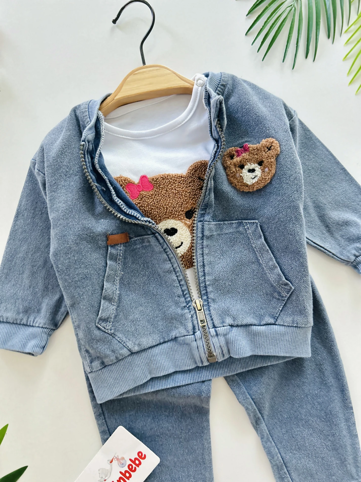 Teddy Nakışlı Kot Ceketli Premium Kalite 3’lü Takım