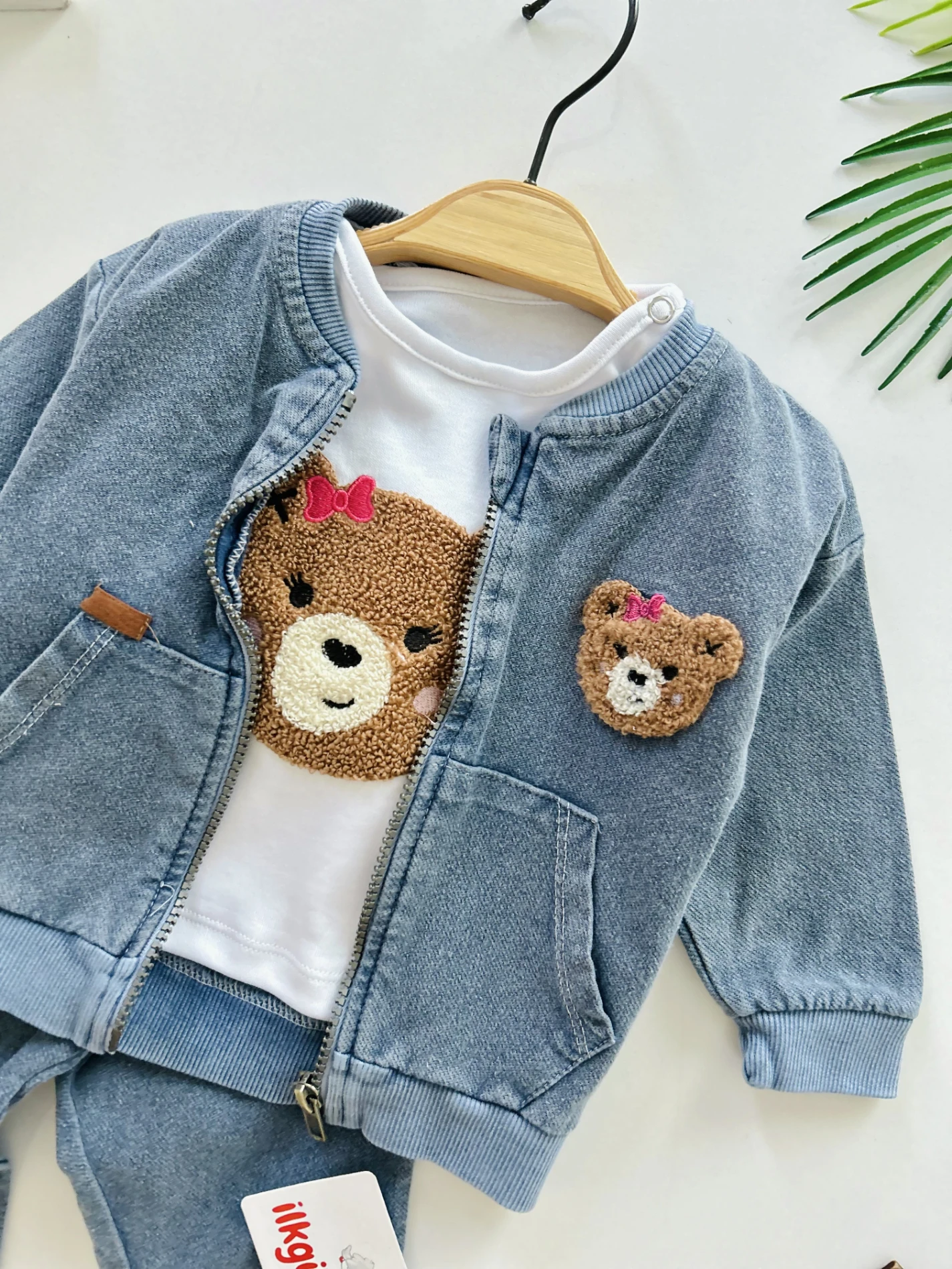 Teddy Nakışlı Kot Ceketli Premium Kalite 3’lü Takım