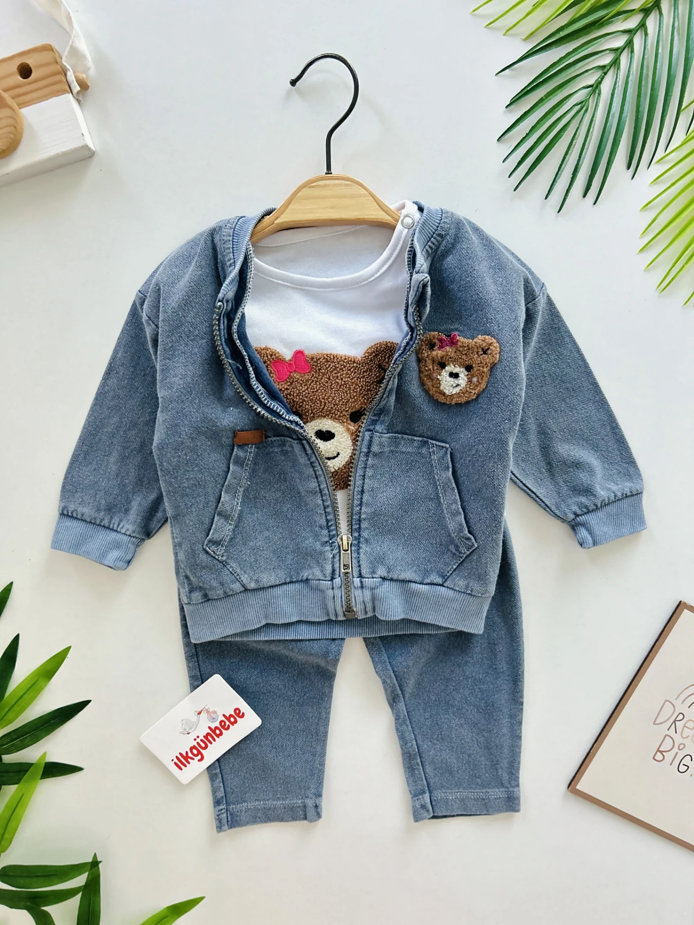 Teddy Nakışlı Kot Ceketli Premium Kalite 3’lü Takım