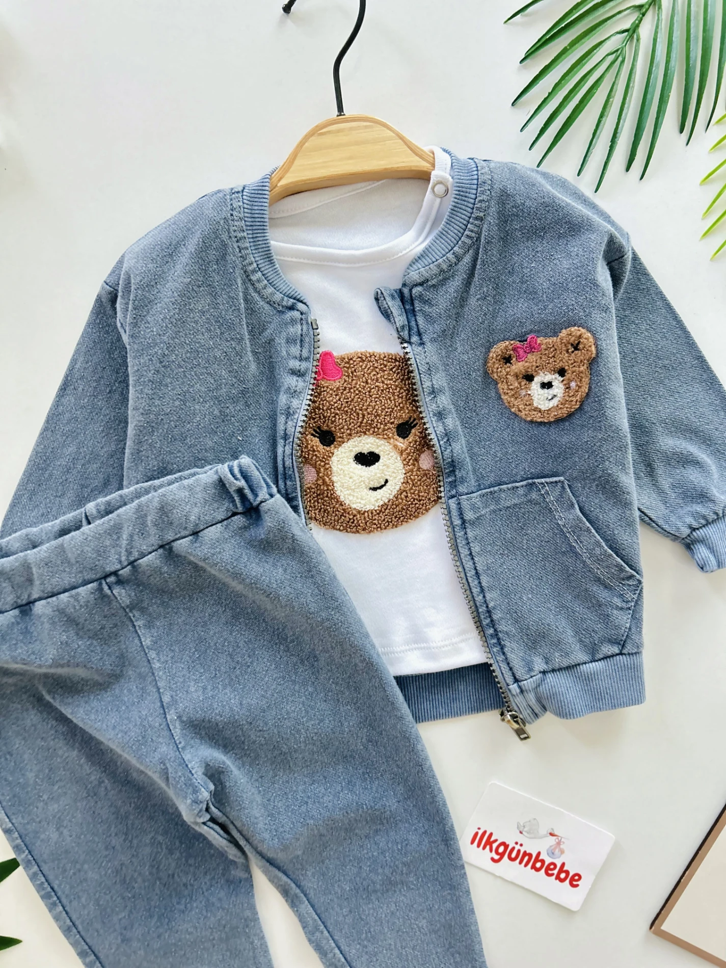 Teddy Nakışlı Kot Ceketli Premium Kalite 3’lü Takım