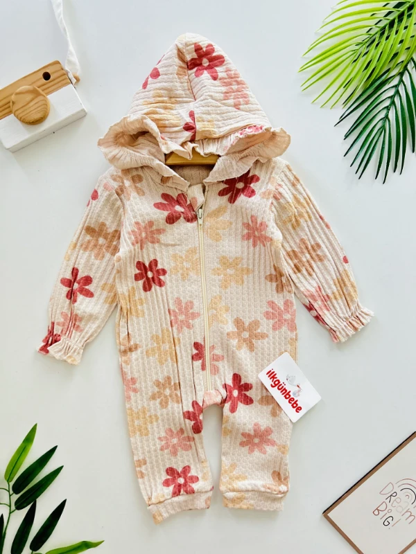 Çiçek Desenli Esnek Kumaş Kapüşonlu Tulum