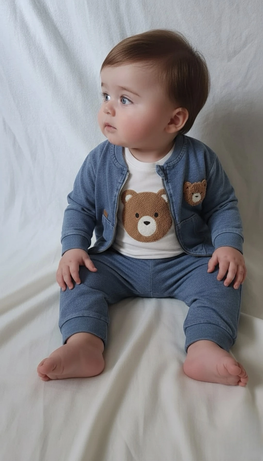 Teddy Nakışlı Kot Ceketli Premium Kalite 3’lü Takım