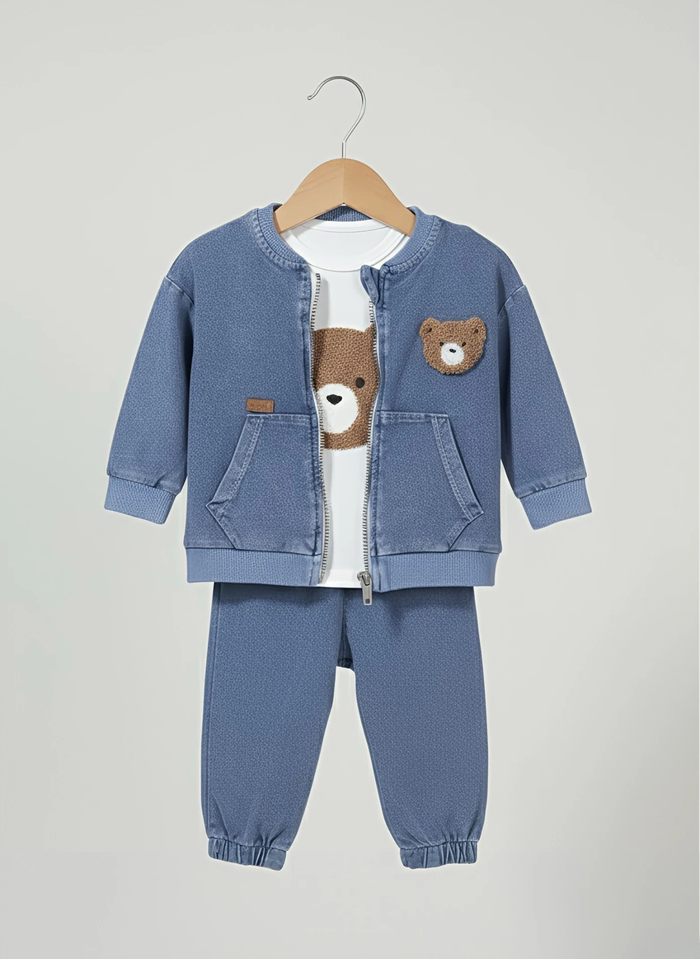 Teddy Nakışlı Kot Ceketli Premium Kalite 3’lü Takım