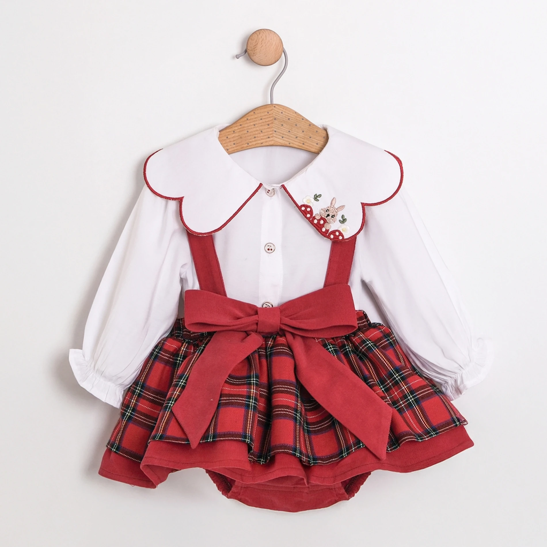 Özel Koleksiyon Bıjou Ekose Desen Tavşan Nakışlı Yaka Gömlekli Romper 