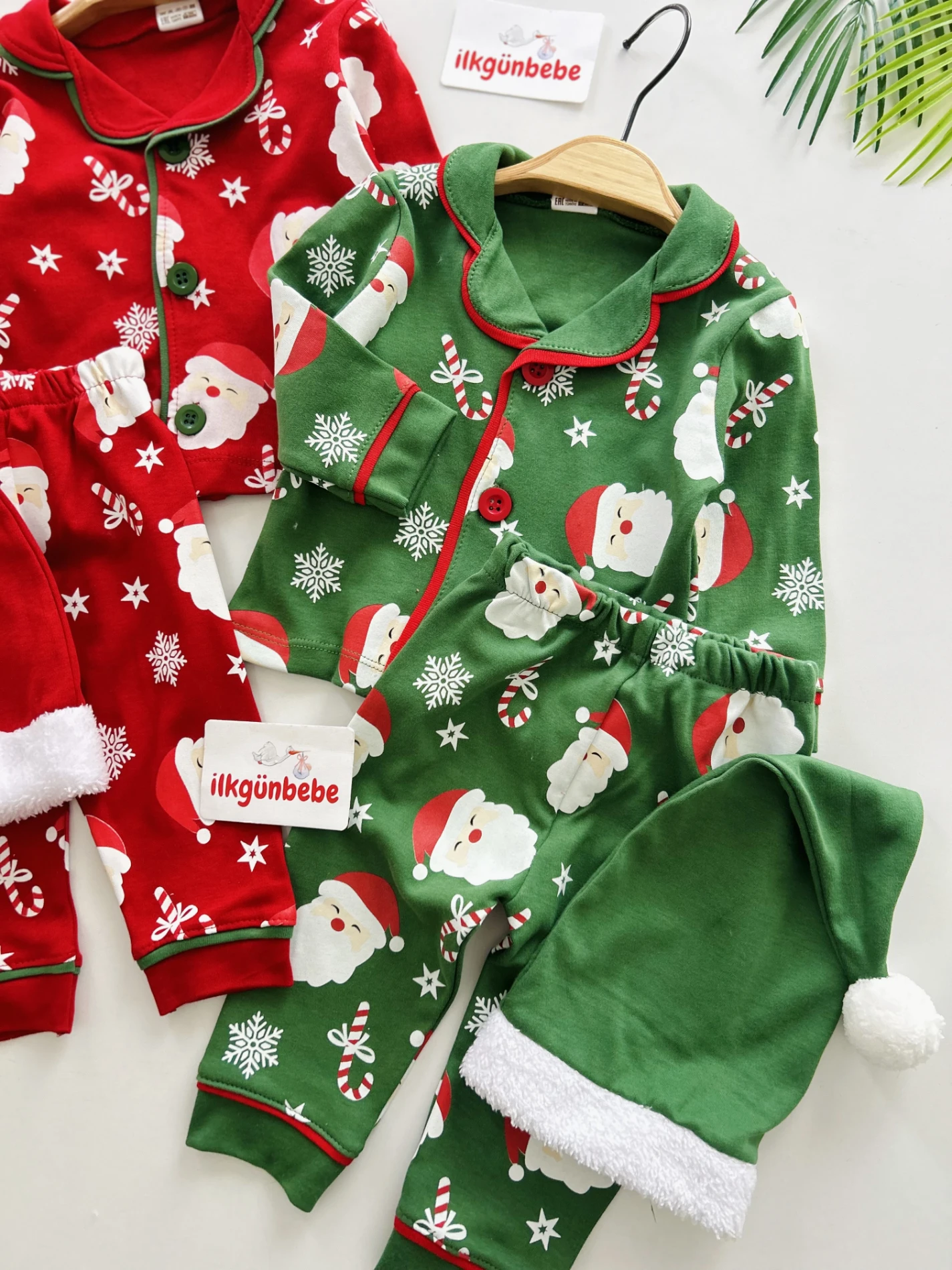 Bebe Yaka Noel Baba  Temalı %100 Pamuk Ponpon Şapkalı 3’lü Takım