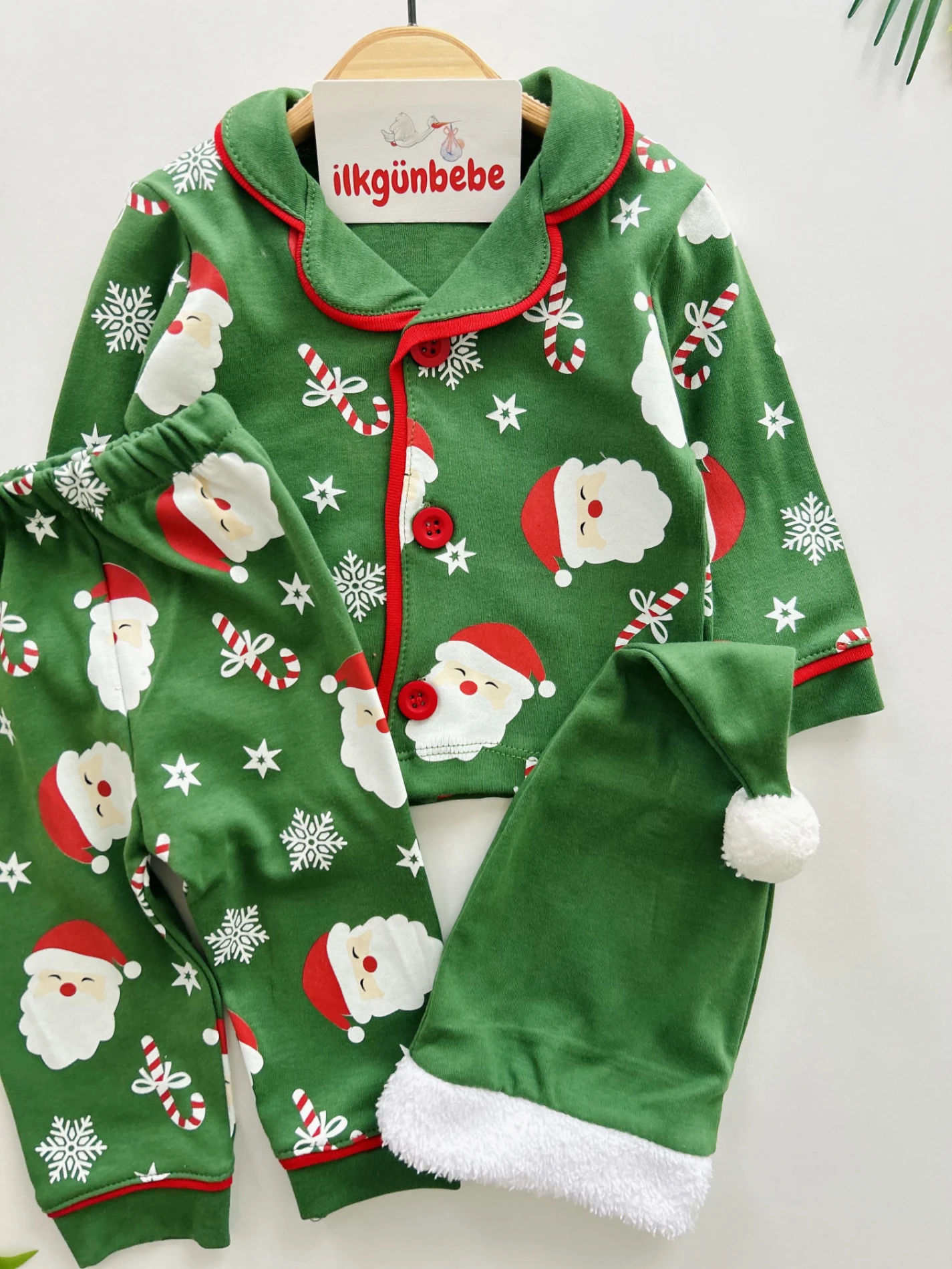 Bebe Yaka Noel Baba  Temalı %100 Pamuk Ponpon Şapkalı 3’lü Takım