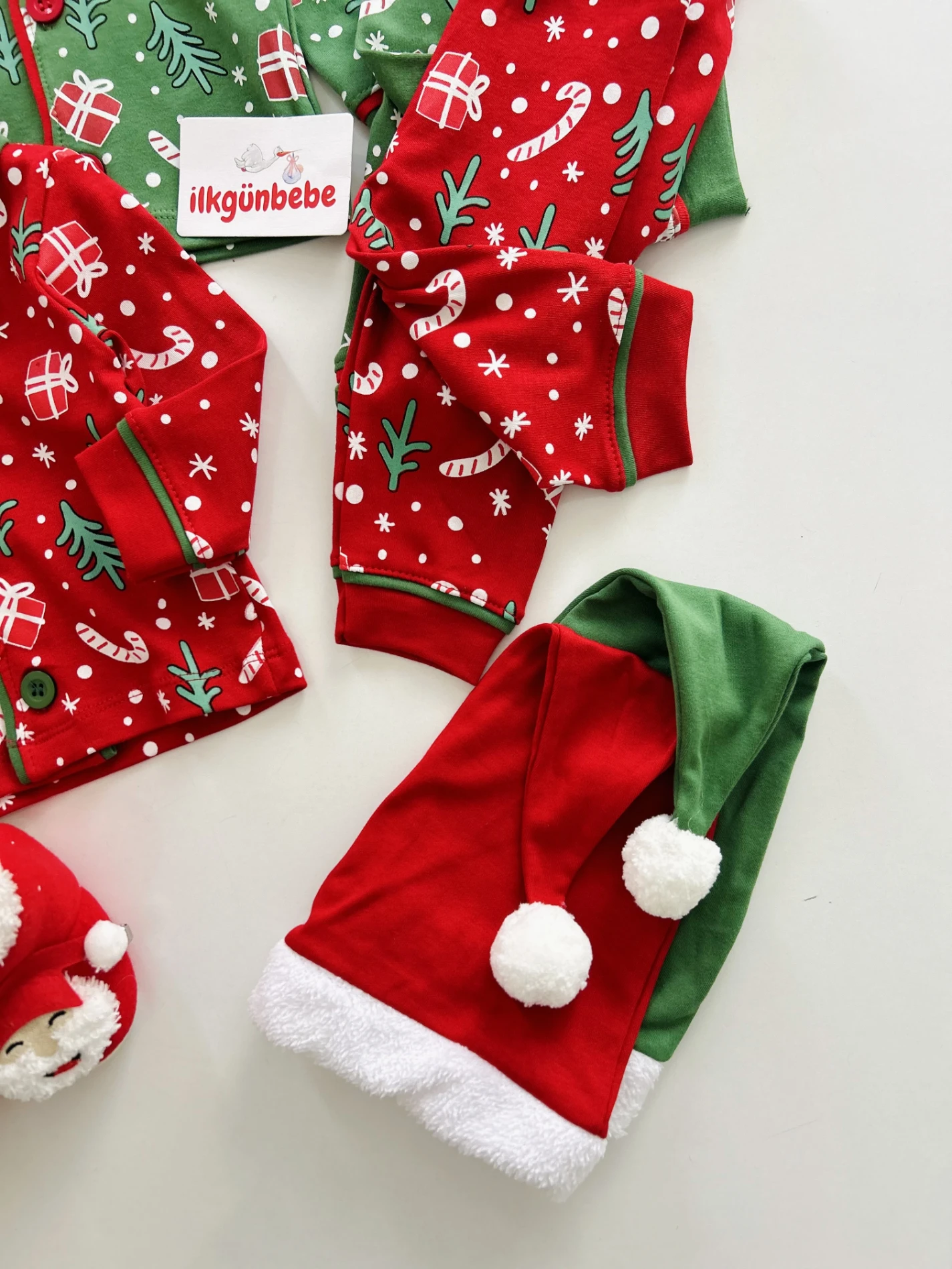 Bebe Yaka Yılbaşı Temalı %100 Pamuk Ponpon Şapkalı 3’lü Takım