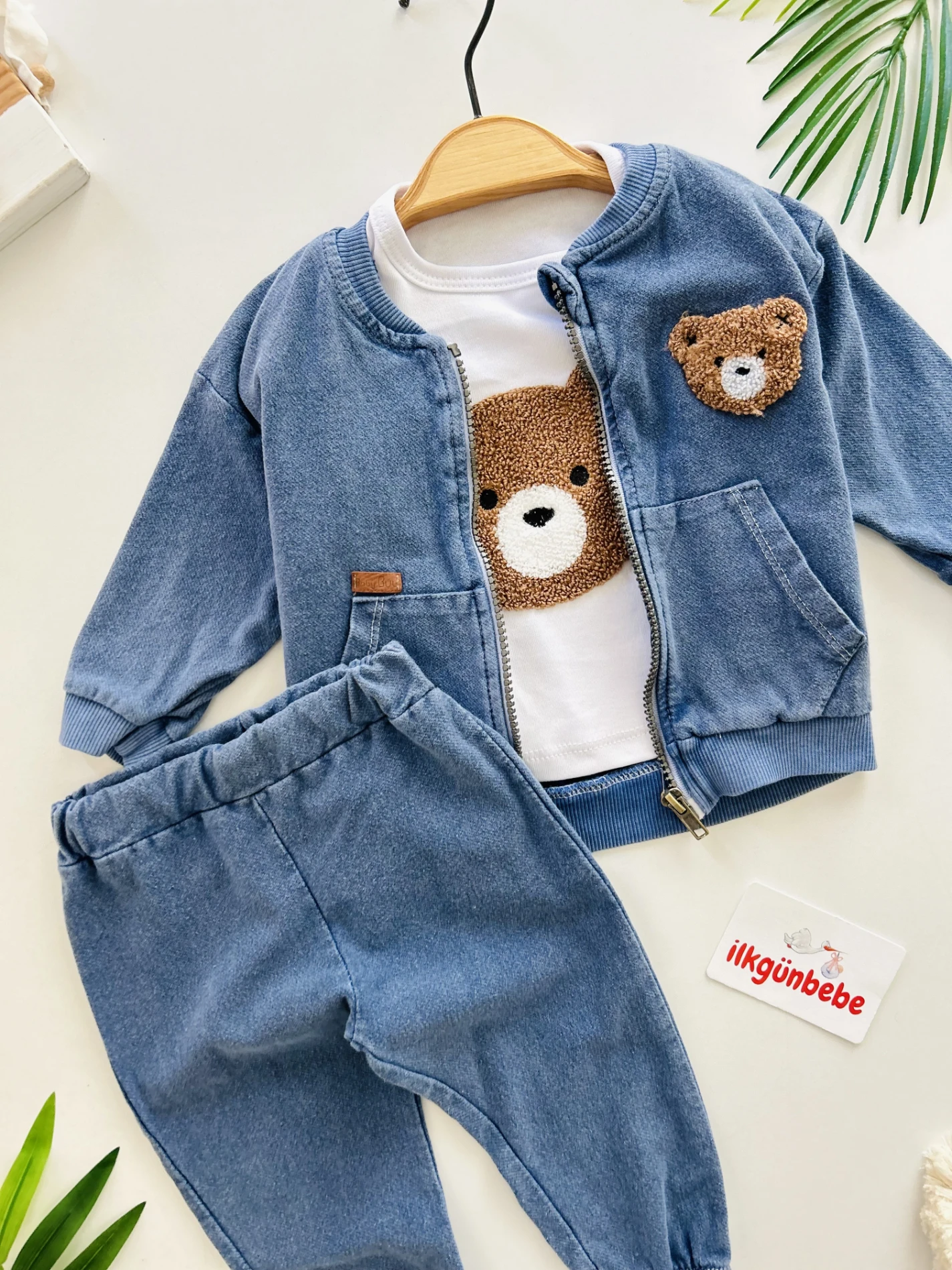 Teddy Nakışlı Kot Ceketli Premium Kalite 3’lü Takım