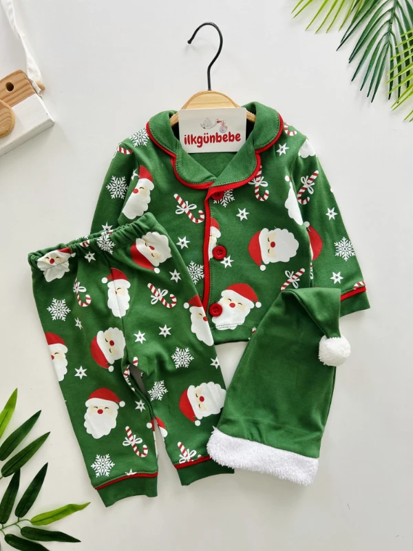 Bebe Yaka Noel Baba  Temalı %100 Pamuk Ponpon Şapkalı 3’lü Takım
