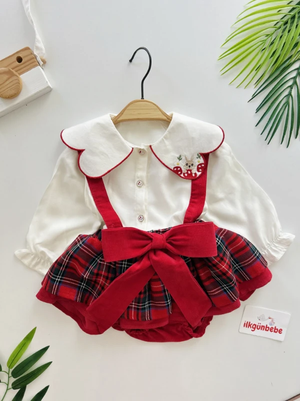 Özel Koleksiyon Bıjou Ekose Desen Tavşan Nakışlı Yaka Gömlekli Romper 