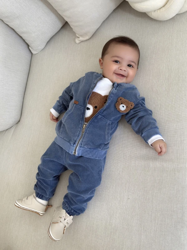 Teddy Nakışlı Kot Ceketli Premium Kalite 3’lü Takım