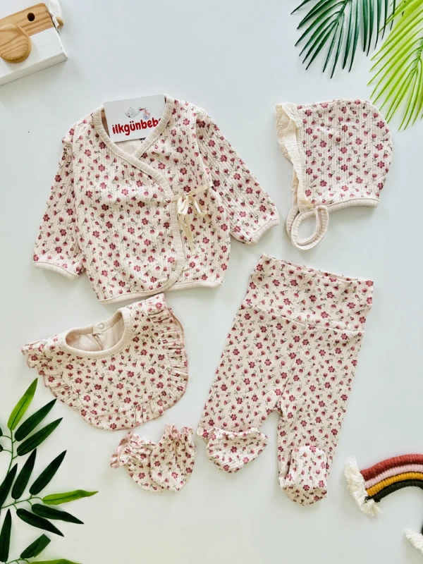 Çıtır Çiçek Desenli %100 Pamuk Kaşkorse Esnek Kumaş 5 Parça Yenidoğan Set