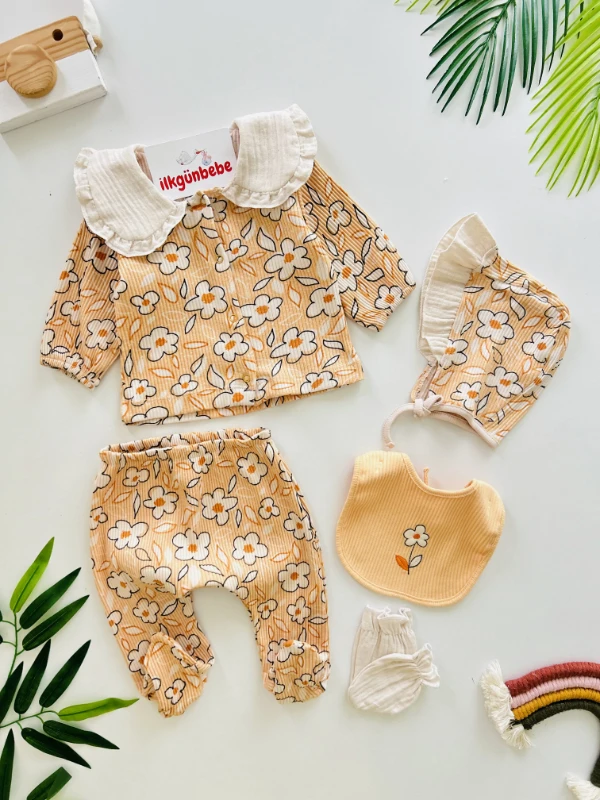 Çiçek Desenli %100 Pamuk Kaşkorse Esnek Kumaş 5 Parça Yenidoğan Set