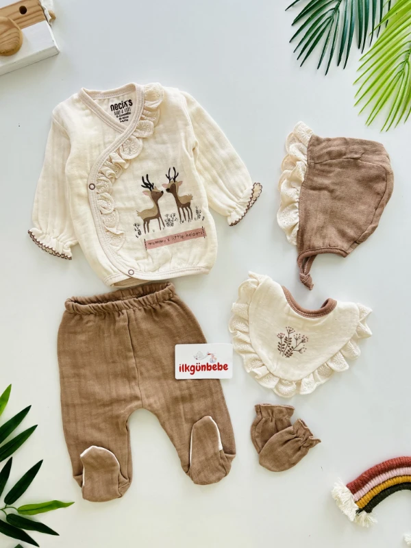 Geyik  Desenli %100 Pamuk Müslin Kumaş  Kaşkorse Esnek  5 Parça Yenidoğan Set