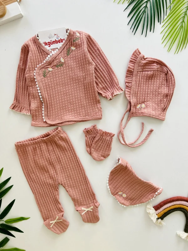 Minik Papatya  Desenli %100 Pamuk Müslin Kumaş  Kaşkorse Esnek  5 Parça Yenidoğan Set