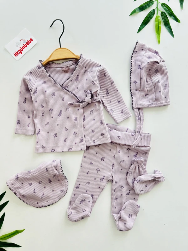 Çiçek Desenli %100 Pamuk 5 Parça Yenidoğan Set