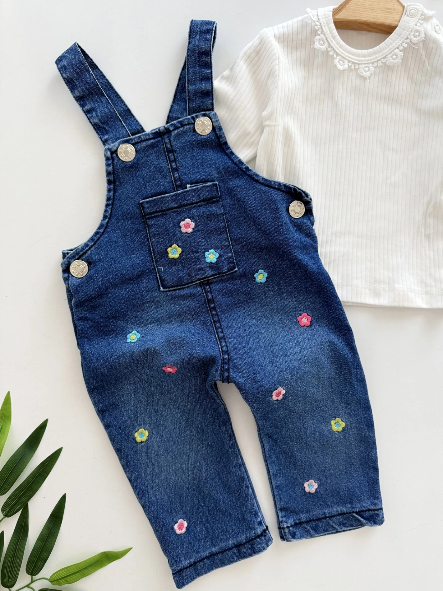 Çiçek Desenli Likralı Esnek Kot Kumaş  Bodyli 2’li Takım